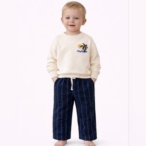 Grayson mini Cream Sweatshirt with Palm Tree Design and Striped Pants